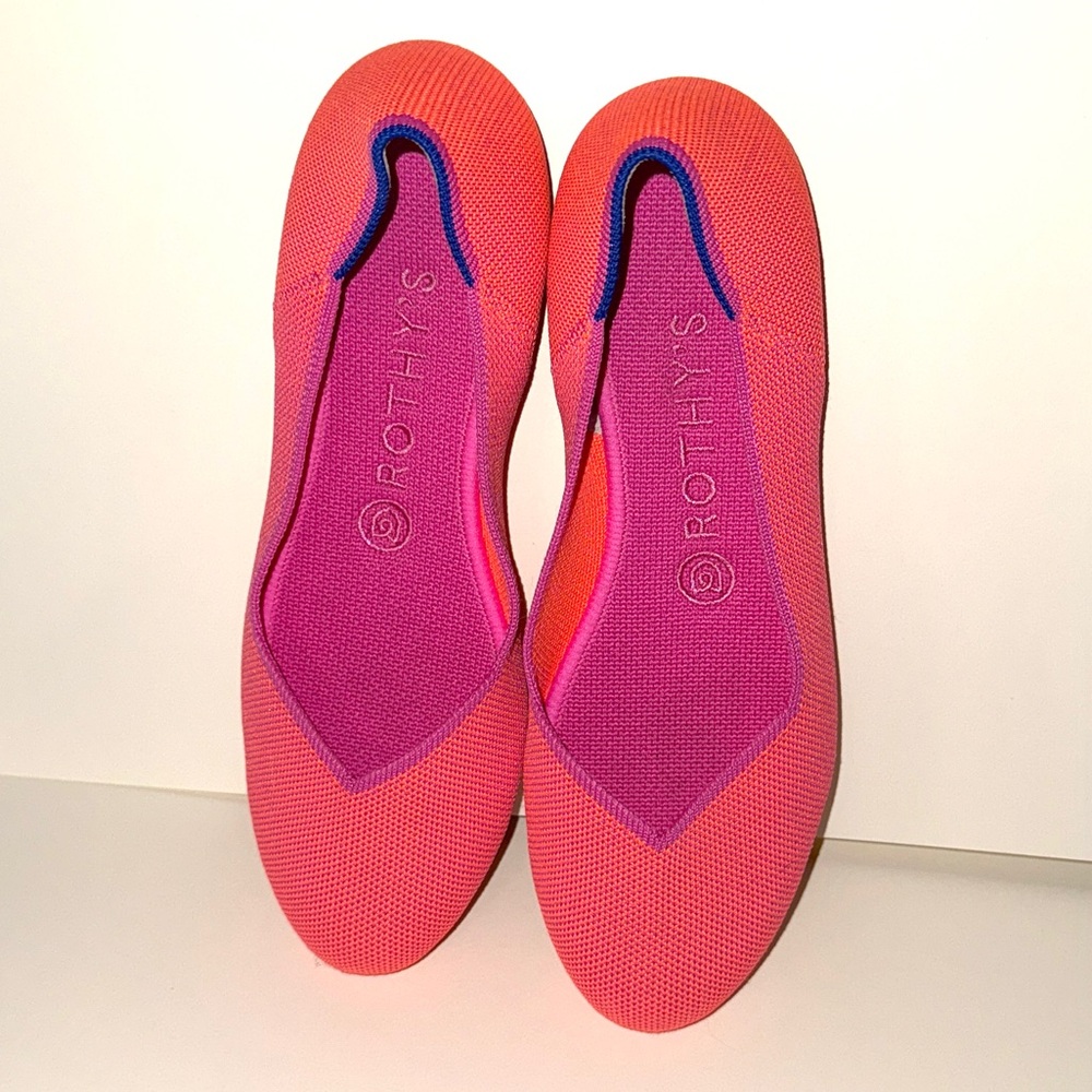 Rothy's Vibrant Pink Flats with Blue Accents - Picture 2 of 9